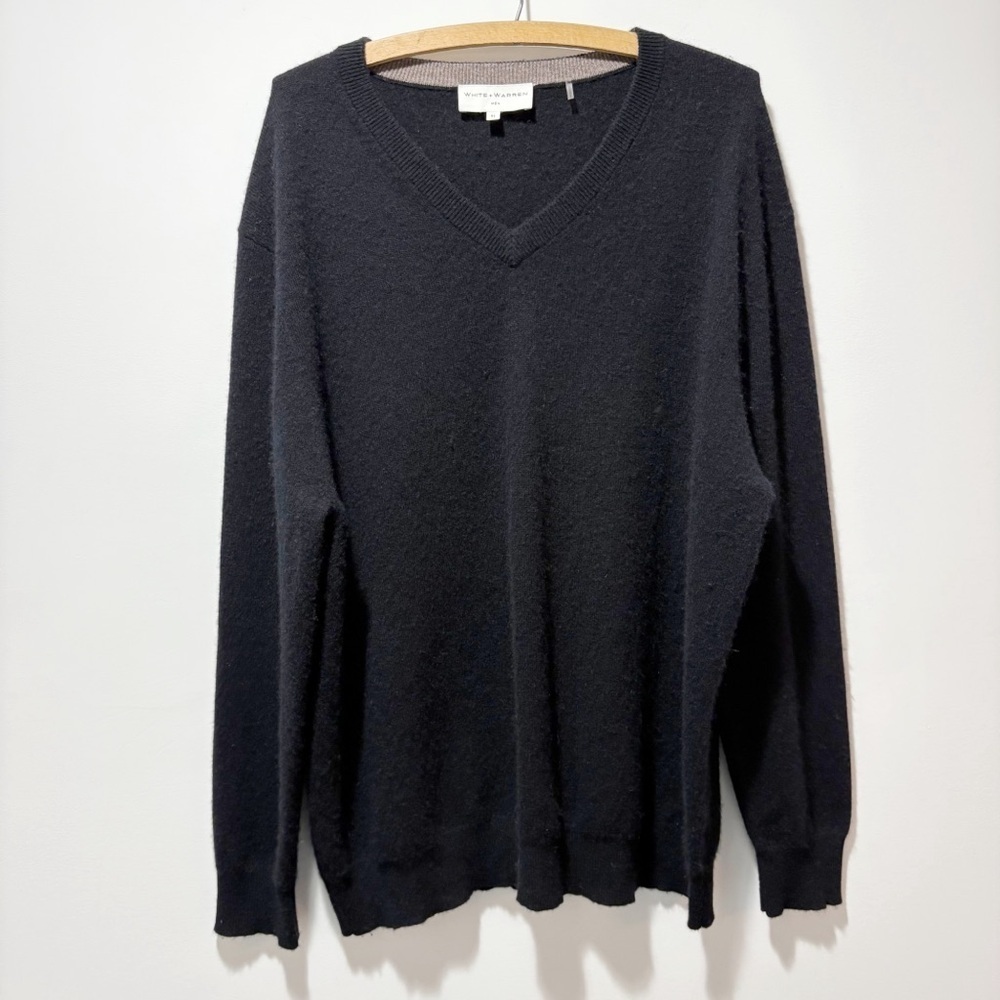 White + Warren Men 70% Wool 30% Cashmere V Neck Black Sweater Size XL Soft Cozy